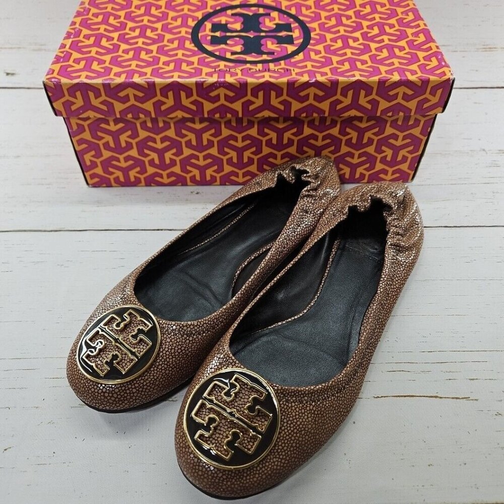 Tory Burch Reva‎ Coconut Brown Stingray Leather Ballet Flats Womens Size 8